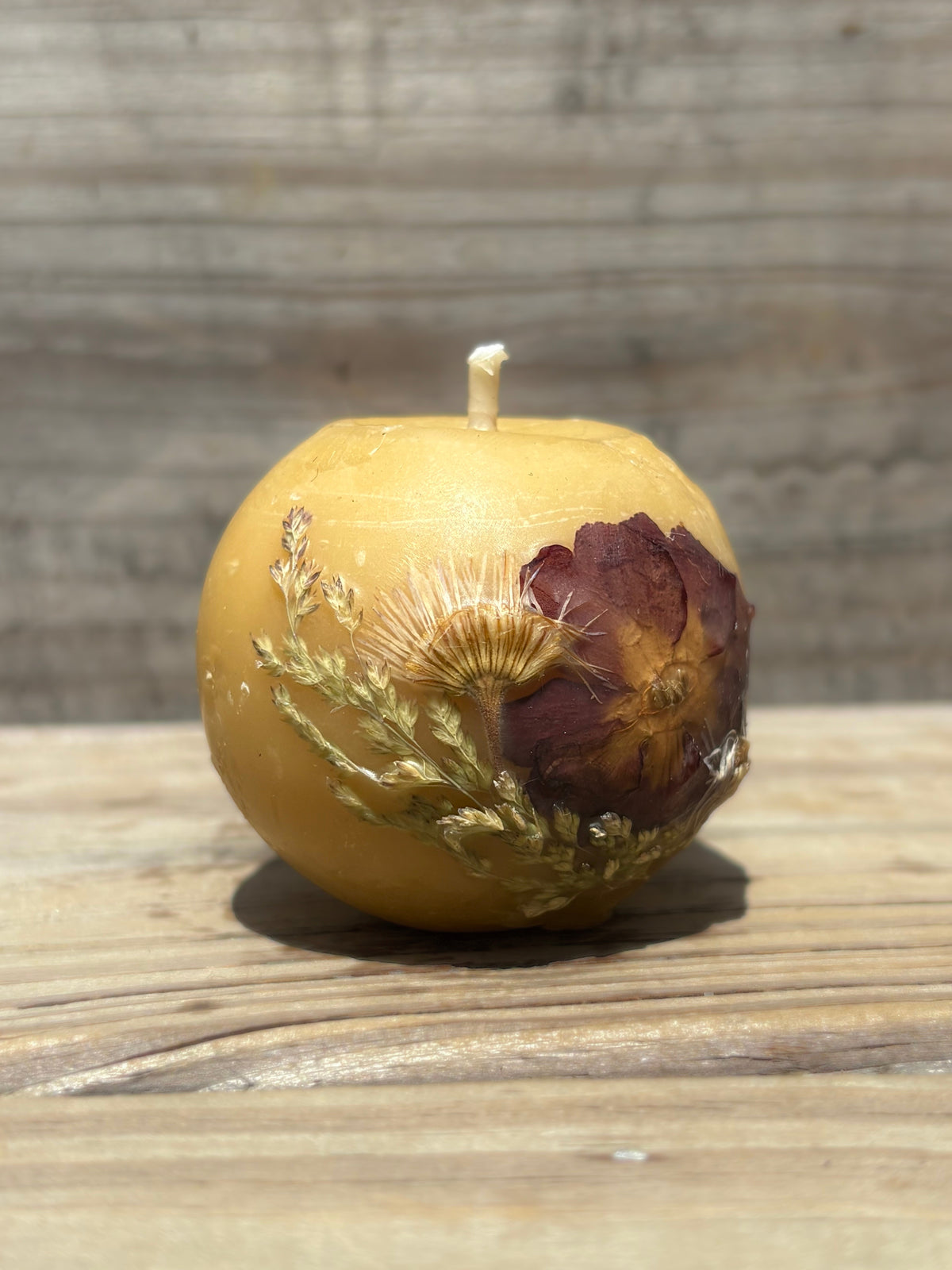 Small Yellow Beeswax Ball Candle with Wildflowers