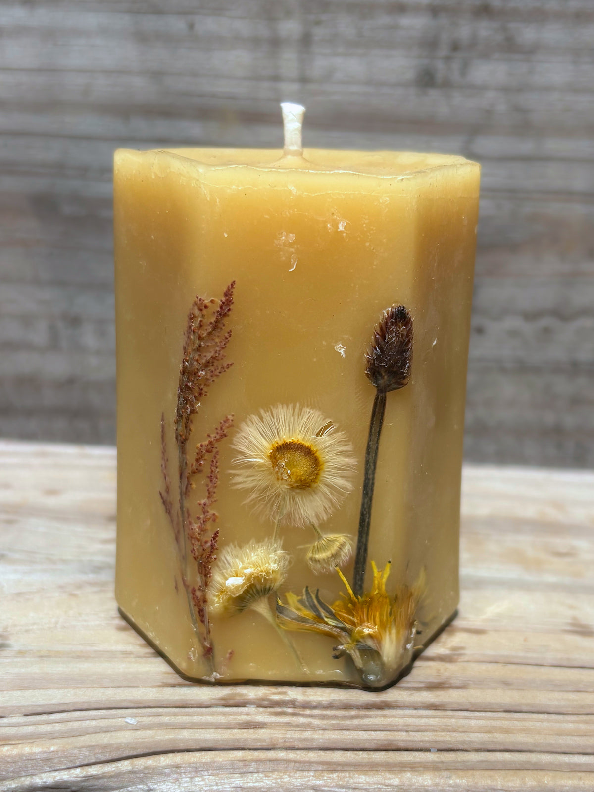 Yellow Beeswax Hexagon Pillar Candle with Wildflowers