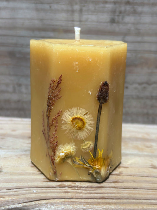 Yellow Beeswax Hexagon Pillar Candle with Wildflowers