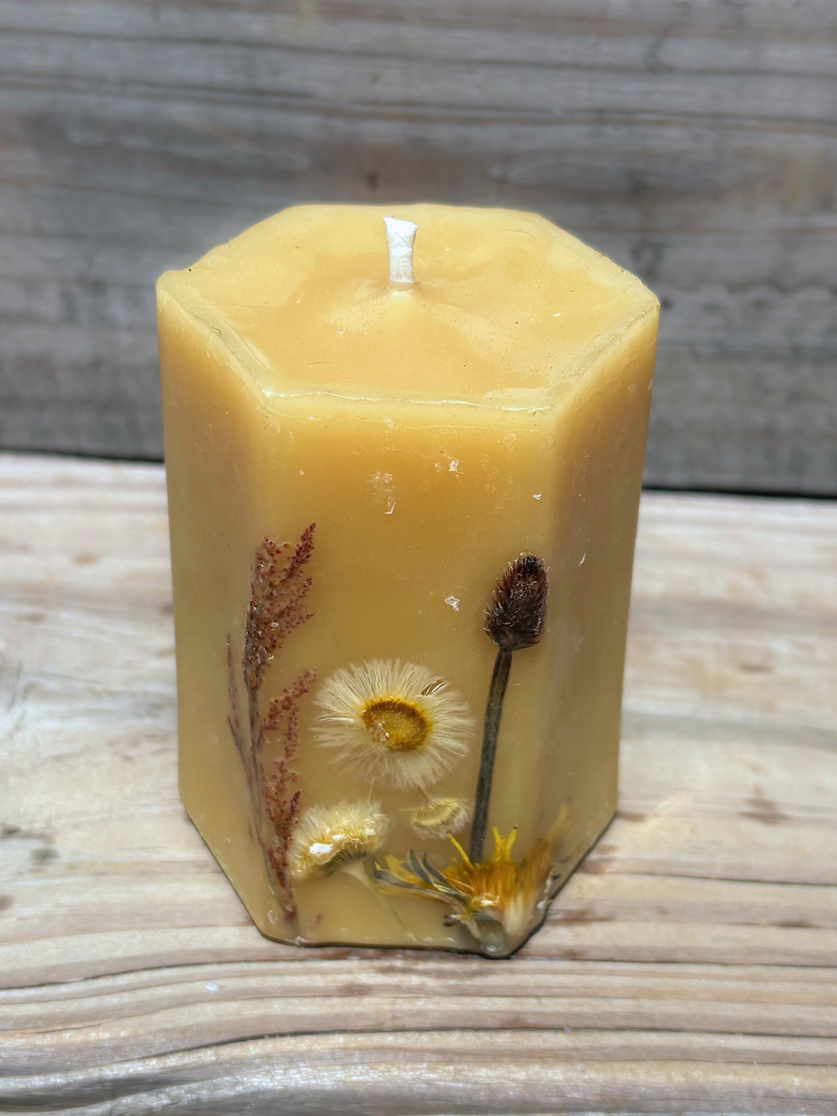 Yellow Beeswax Hexagon Pillar Candle with Wildflowers