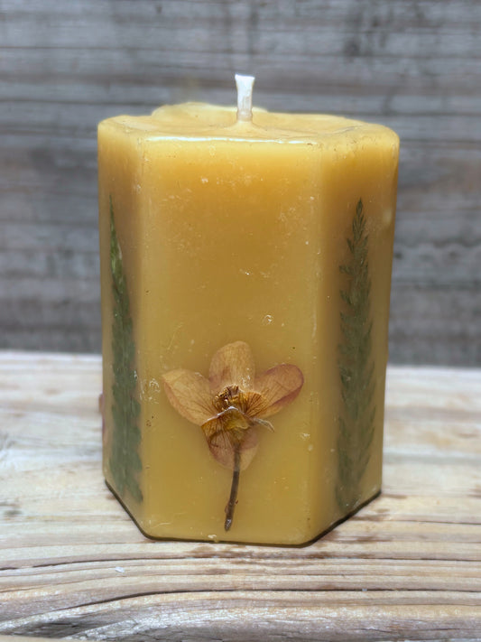 Yellow Beeswax Hexagon Pillar Candle with Wildflowers