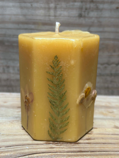 Yellow Beeswax Hexagon Pillar Candle with Wildflowers