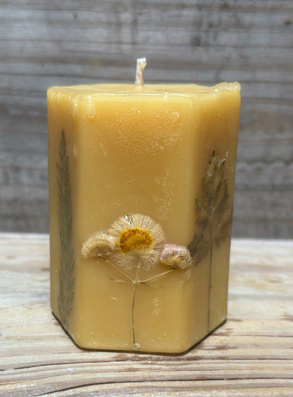 Yellow Beeswax Hexagon Pillar Candle with Wildflowers