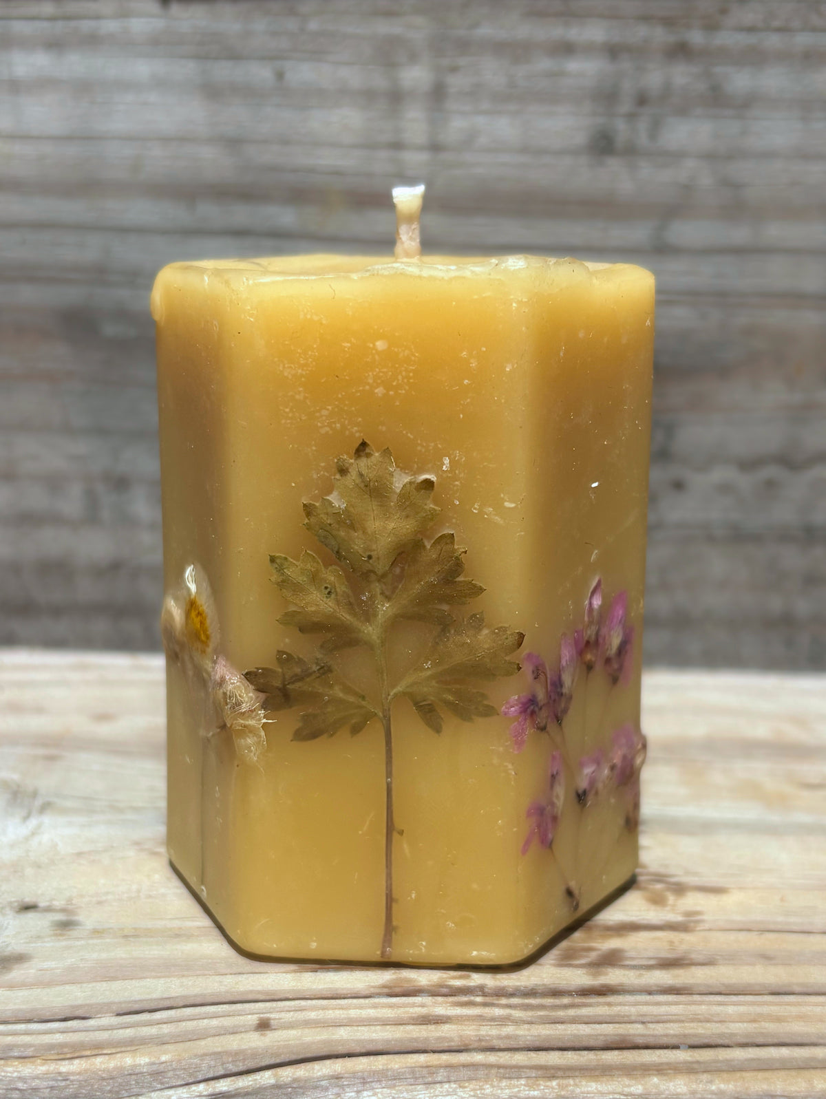 Yellow Beeswax Hexagon Pillar Candle with Wildflowers
