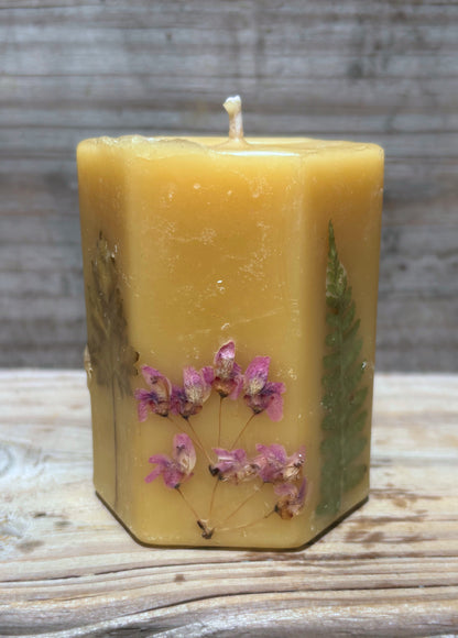 Yellow Beeswax Hexagon Pillar Candle with Wildflowers