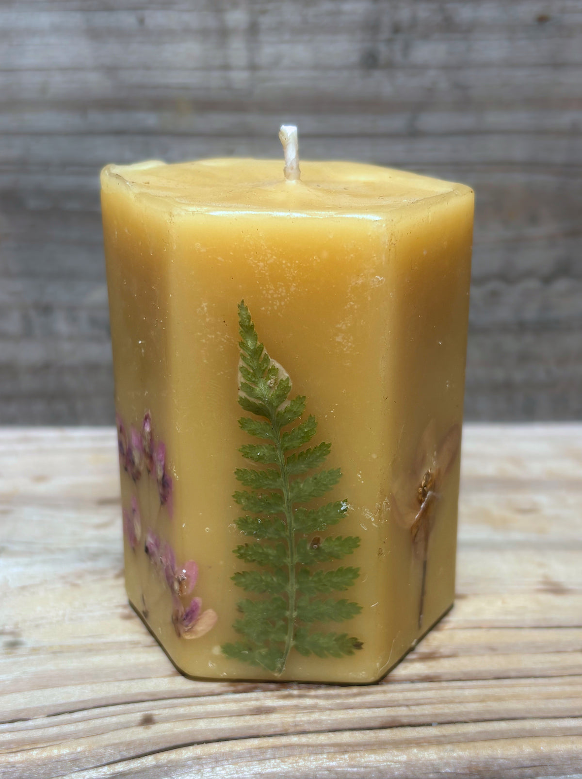 Yellow Beeswax Hexagon Pillar Candle with Wildflowers