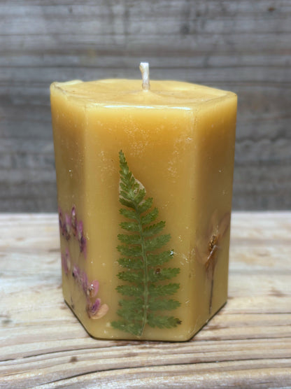 Yellow Beeswax Hexagon Pillar Candle with Wildflowers