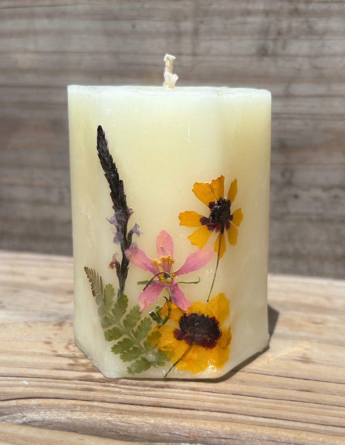 White Beeswax Hexagon Pillar Candle with Wildflowers