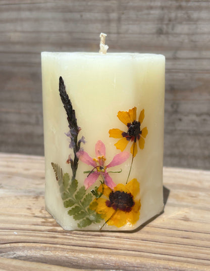 White Beeswax Hexagon Pillar Candle with Wildflowers