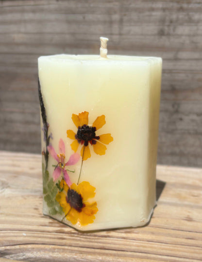 White Beeswax Hexagon Pillar Candle with Wildflowers