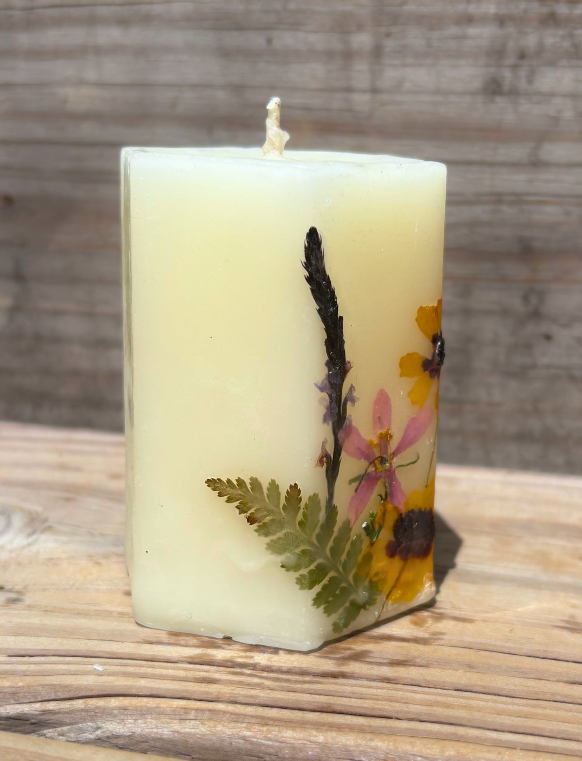 White Beeswax Hexagon Pillar Candle with Wildflowers