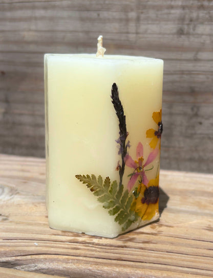 White Beeswax Hexagon Pillar Candle with Wildflowers