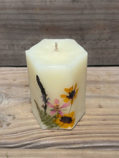 White Beeswax Hexagon Pillar Candle with Wildflowers