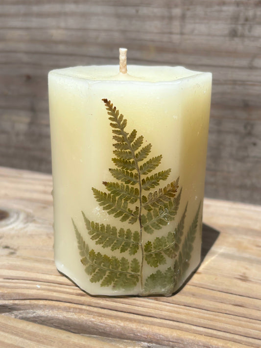 White Beeswax Hexagon Pillar Candle with Wildflowers
