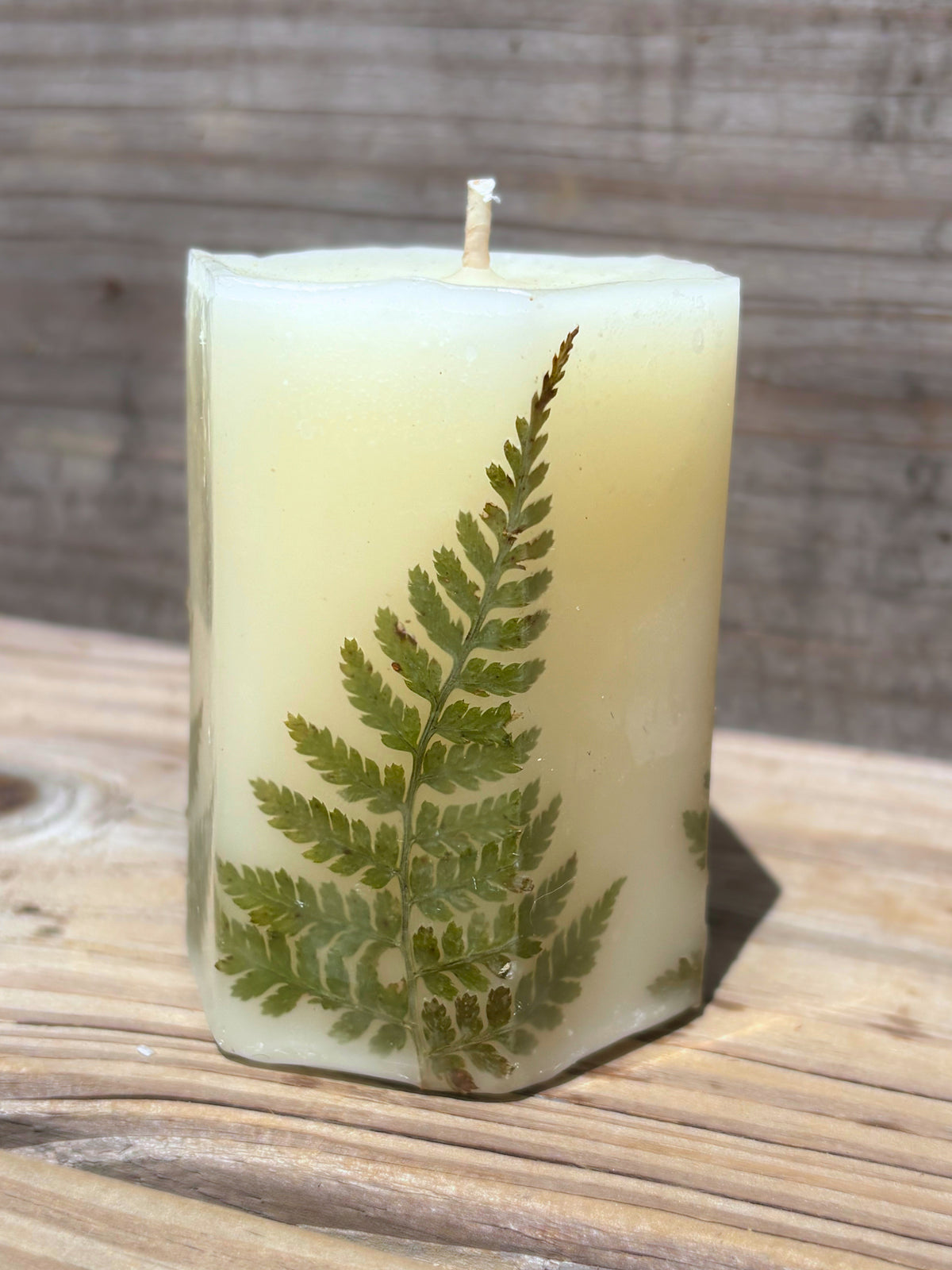 White Beeswax Hexagon Pillar Candle with Wildflowers