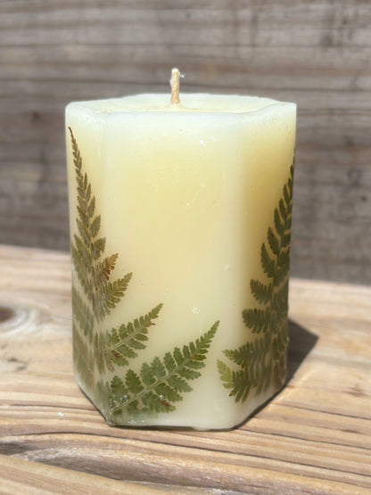 White Beeswax Hexagon Pillar Candle with Wildflowers