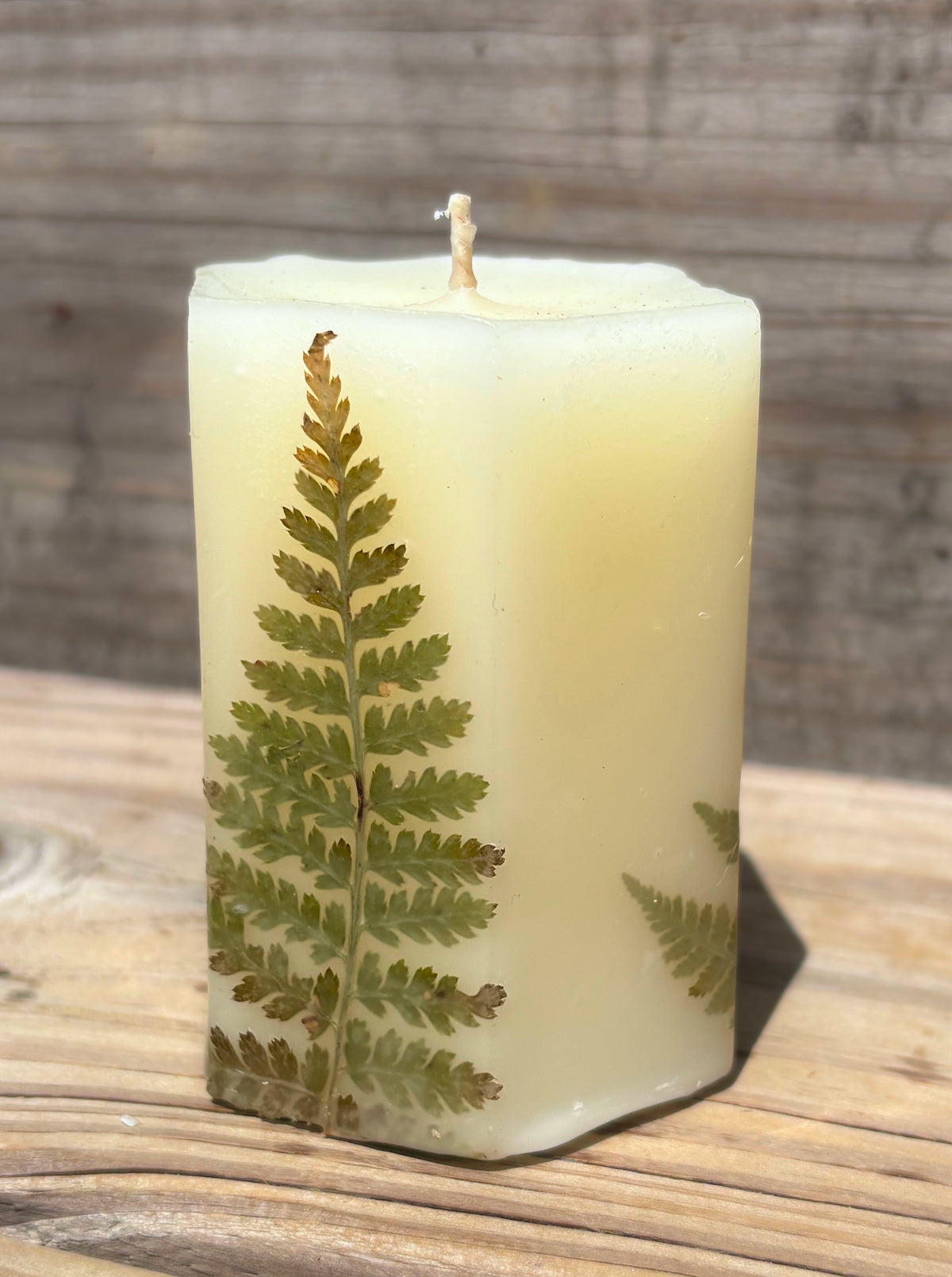 White Beeswax Hexagon Pillar Candle with Wildflowers