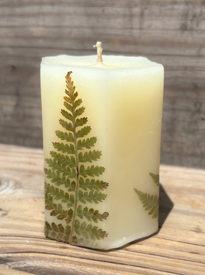 White Beeswax Hexagon Pillar Candle with Wildflowers