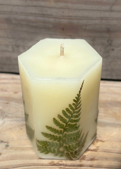 White Beeswax Hexagon Pillar Candle with Wildflowers