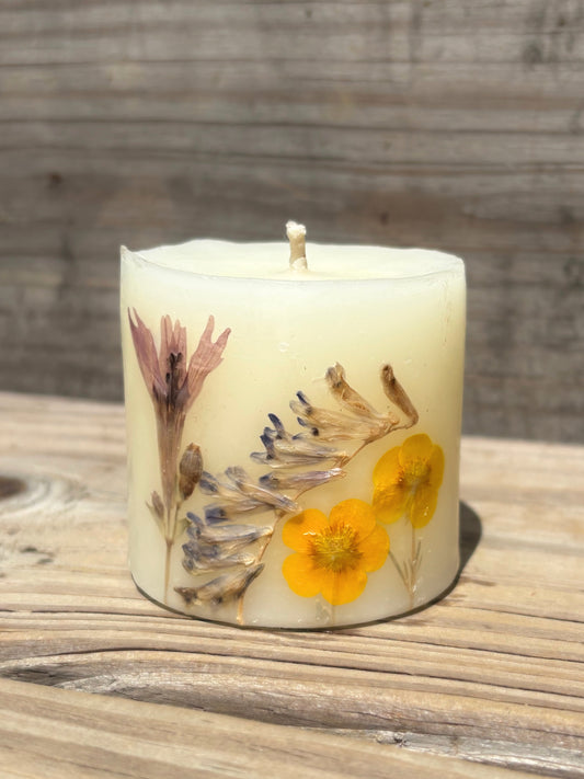 Short White Beeswax Pillar Candle with Wildflowers