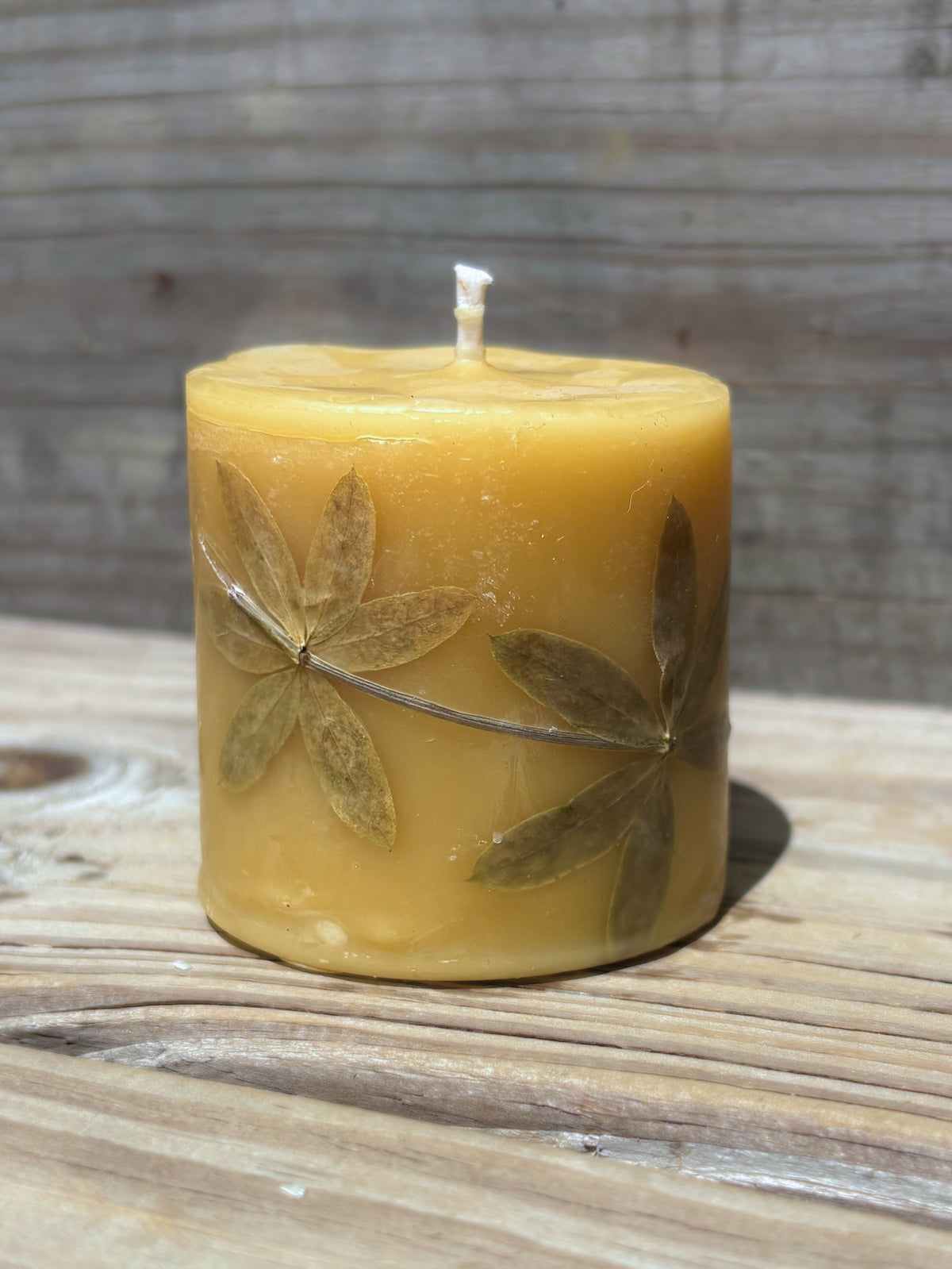 Short Yellow Beeswax Pillar Candle with Wildflowers