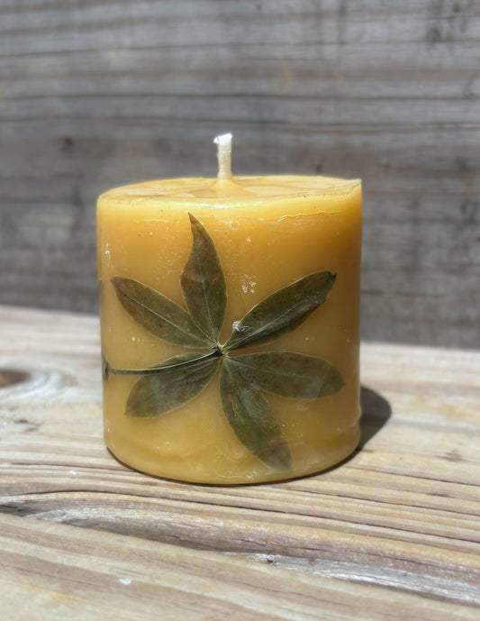 Short Yellow Beeswax Pillar Candle with Wildflowers