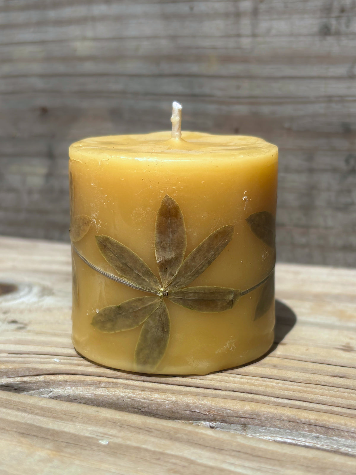 Short Yellow Beeswax Pillar Candle with Wildflowers