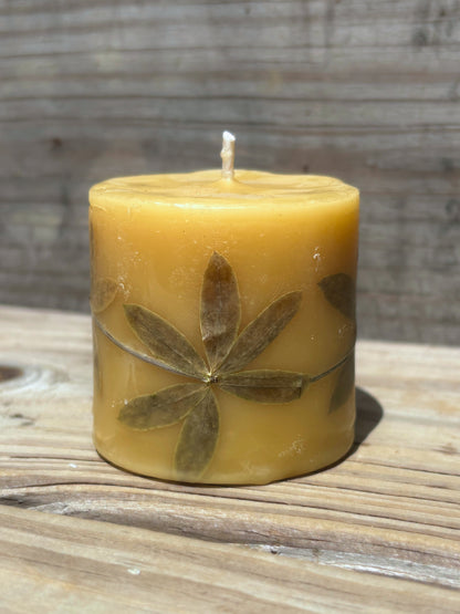 Short Yellow Beeswax Pillar Candle with Wildflowers