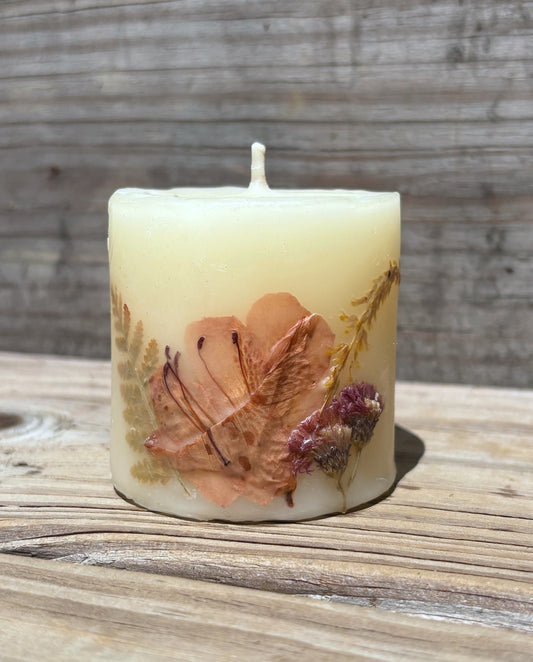 Short White Beeswax Pillar Candle with Wildflowers