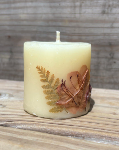 Short White Beeswax Pillar Candle with Wildflowers