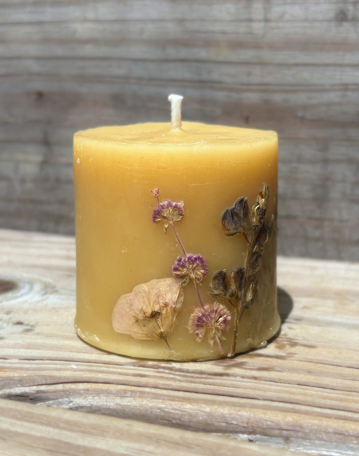 Short Yellow Beeswax Pillar Candle with Wildflowers