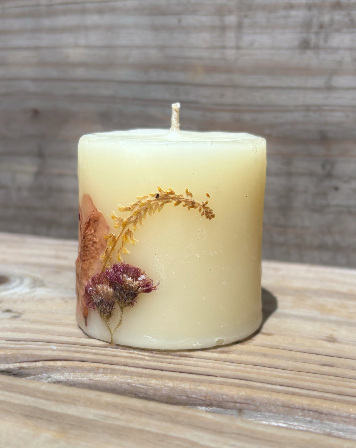 Short White Beeswax Pillar Candle with Wildflowers