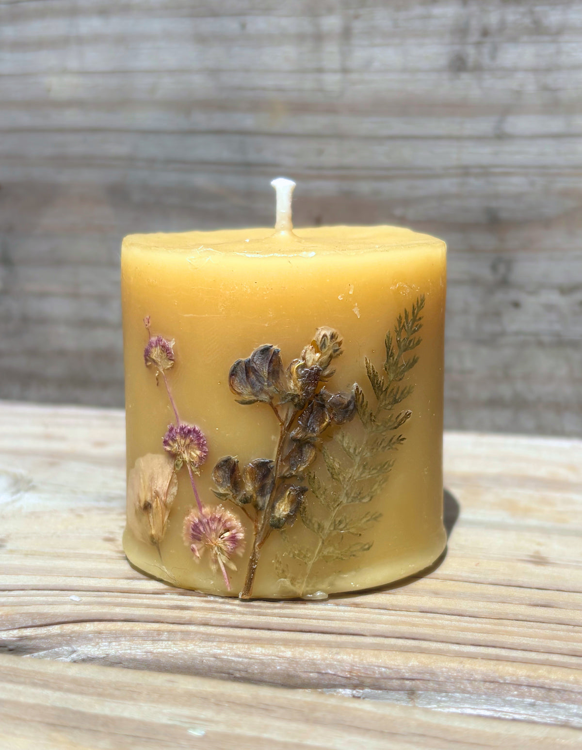 Short Yellow Beeswax Pillar Candle with Wildflowers