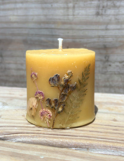 Short Yellow Beeswax Pillar Candle with Wildflowers
