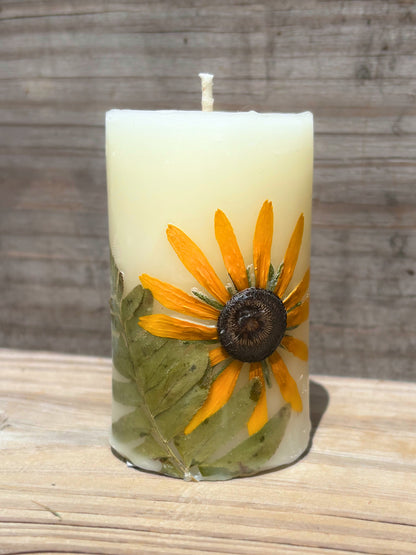 Small White Beeswax Pillar Candle with Wildflowers