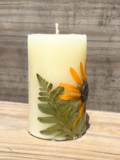 Small White Beeswax Pillar Candle with Wildflowers