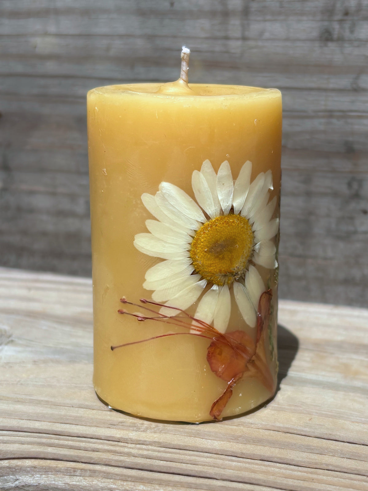 Small Yellow Beeswax Pillar Candle with Wildflowers