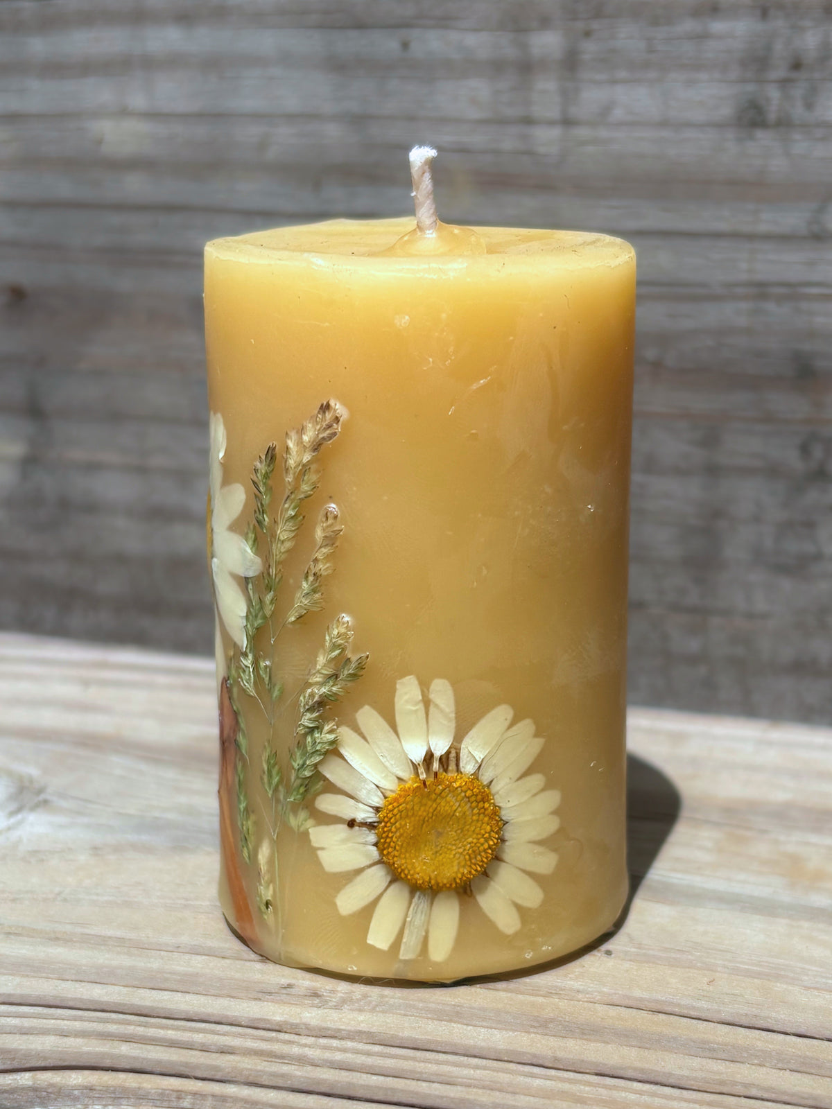 Small Yellow Beeswax Pillar Candle with Wildflowers