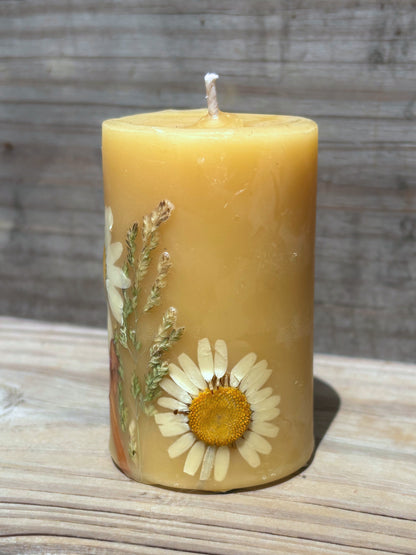 Small Yellow Beeswax Pillar Candle with Wildflowers