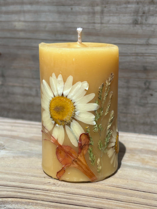 Small Yellow Beeswax Pillar Candle with Wildflowers