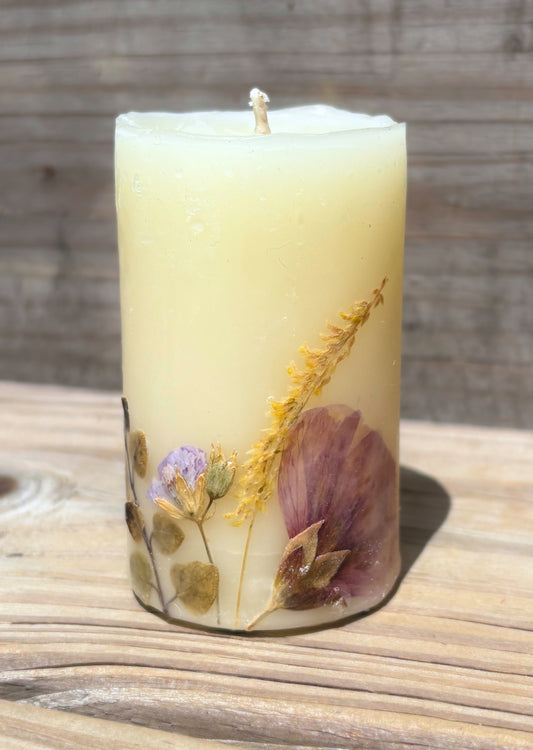 Small White Beeswax Pillar Candle with Wildflowers