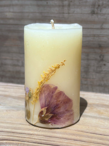 Small White Beeswax Pillar Candle with Wildflowers