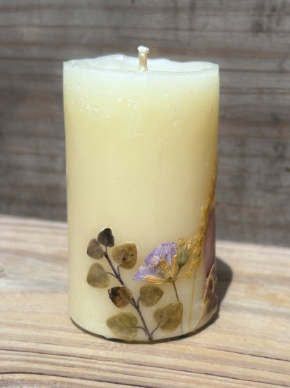 Small White Beeswax Pillar Candle with Wildflowers