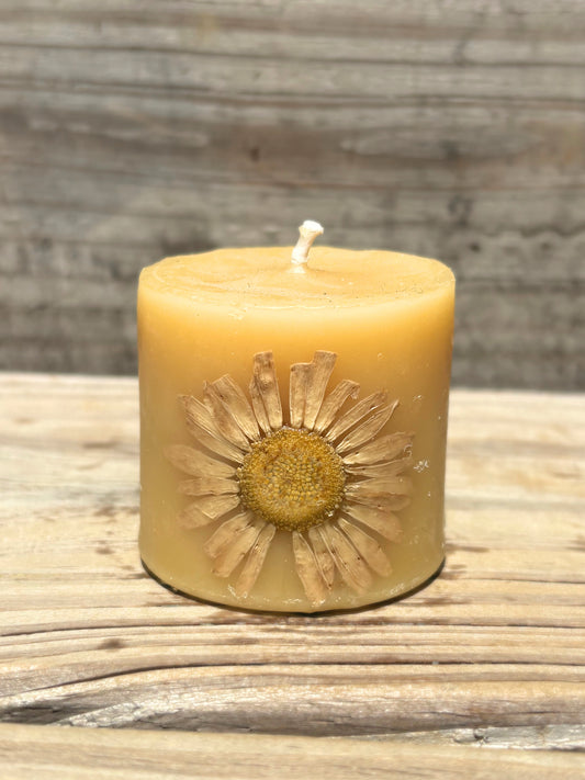 Tiny Yellow Beeswax Pillar Candle with Wildflowers