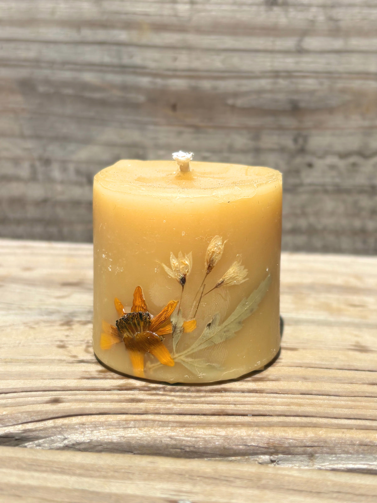 Tiny Yellow Beeswax Pillar Candle with Wildflowers