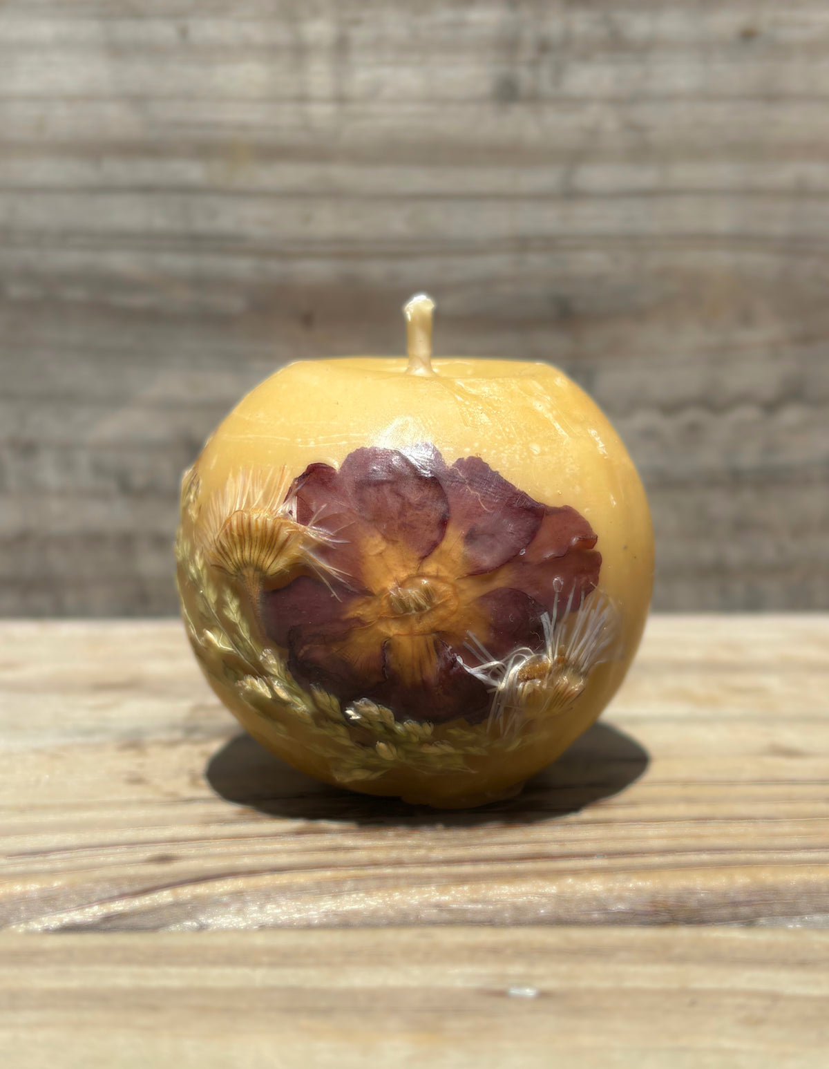 Small Yellow Beeswax Ball Candle with Wildflowers