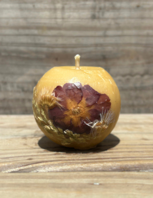 Small Yellow Beeswax Ball Candle with Wildflowers